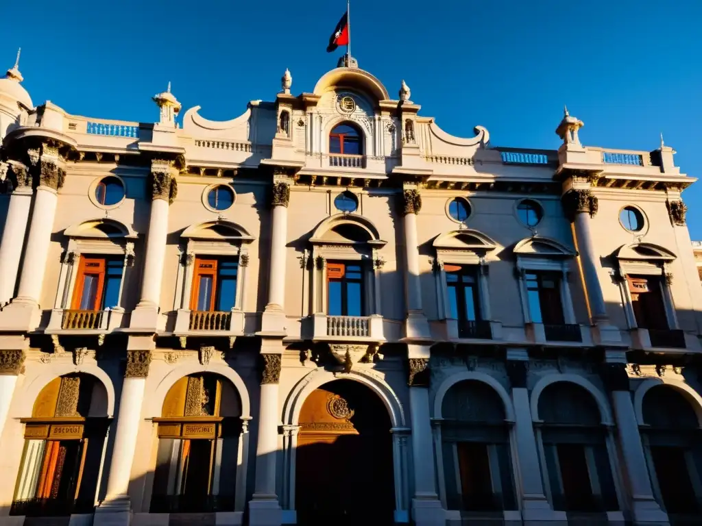 Arquitectura histórica en Uruguay: Palacio Salvo, joya gótico-renacentista, bajo un cielo multicolor al atardecer