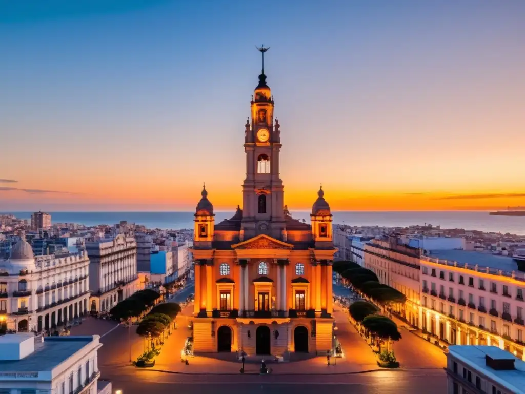 Arquitectura histórica en Uruguay: atardecer en el Palacio Salvo de Montevideo, la actividad urbana y el sol bañando la obra maestra