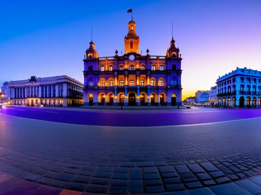 Arte y arquitectura en Uruguay: el emblemático Palacio Salvo en Montevideo, majestuoso al atardecer, contrasta con modernos rascacielos