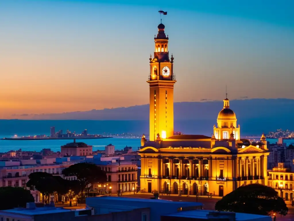 Arte y arquitectura en Uruguay resplandecen con el Palacio Salvo y la Torre Antel, contrastando en el vibrante atardecer de Montevideo