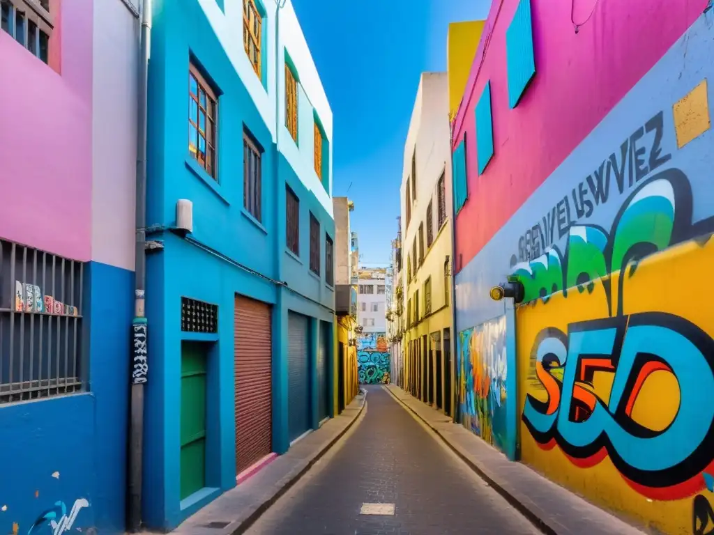 Arte callejero en Uruguay: artistas locales añadiendo color y vida a un bullicioso callejón en Montevideo, bajo un cielo azul claro