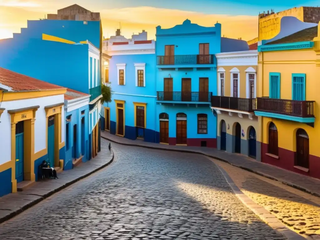 Arte callejero en Uruguay iluminando una bulliciosa calle adoquinada al atardecer; un lienzo urbano lleno de vida y color