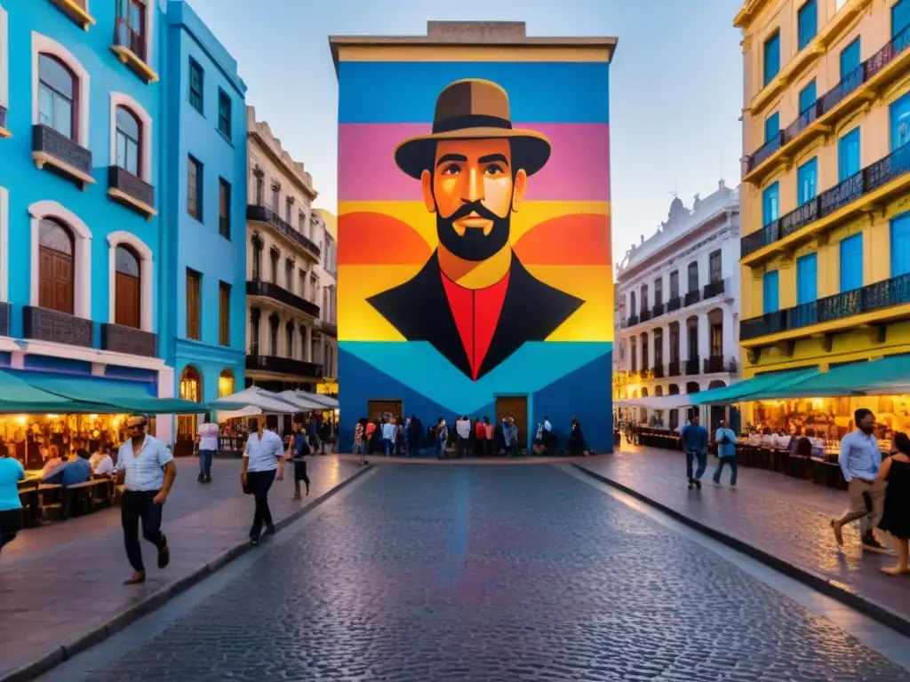 Arte callejero en Uruguay en su esplendor, con murales vibrantes en Montevideo al anochecer, coloreando la vida urbana