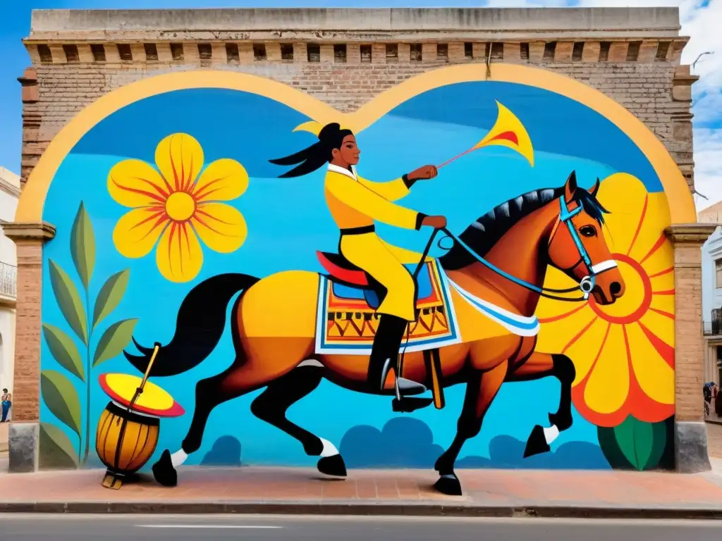 Arte callejero en Uruguay iluminado por un sol dorado: un mural vibrante y colorido en Montevideo que celebra la rica cultura local