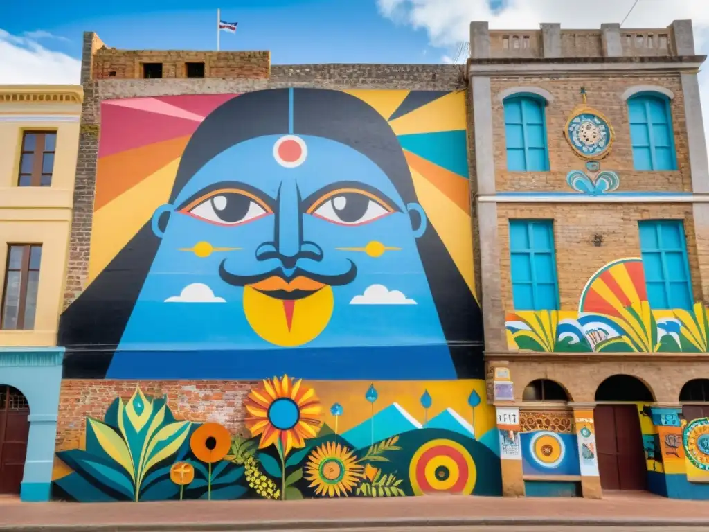 Arte callejero en Uruguay: un mural colorido y detallado en un edificio rústico, reflejando la riqueza cultural y diversidad local