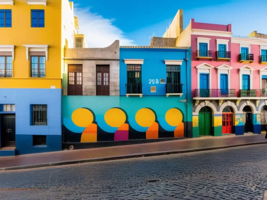 Arte callejero en Uruguay cobrando vida en una vibrante calle de Montevideo, con artistas creando su magia bajo un cielo azul