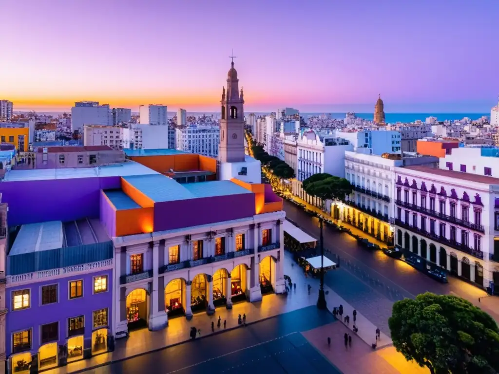 El arte contemporáneo en Uruguay en su esplendor, con la Ciudad Vieja de Montevideo bañada por un atardecer vibrante