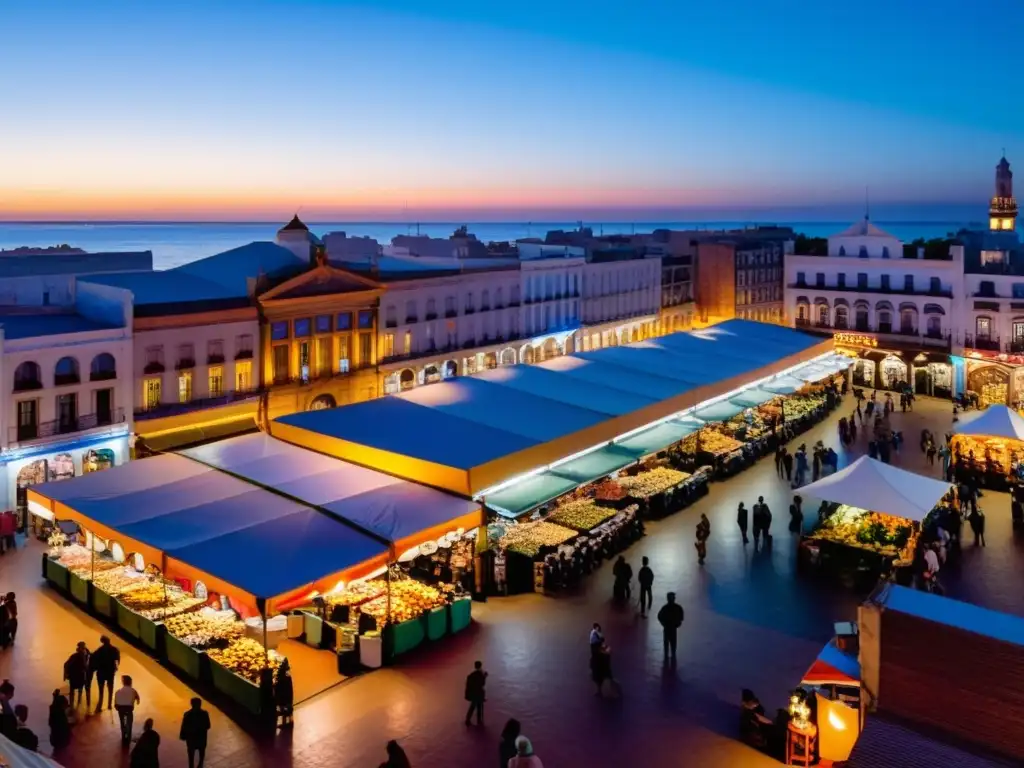 Arte contemporáneo en Uruguay iluminado por el crepúsculo en el vibrante Mercado del Puerto de Montevideo