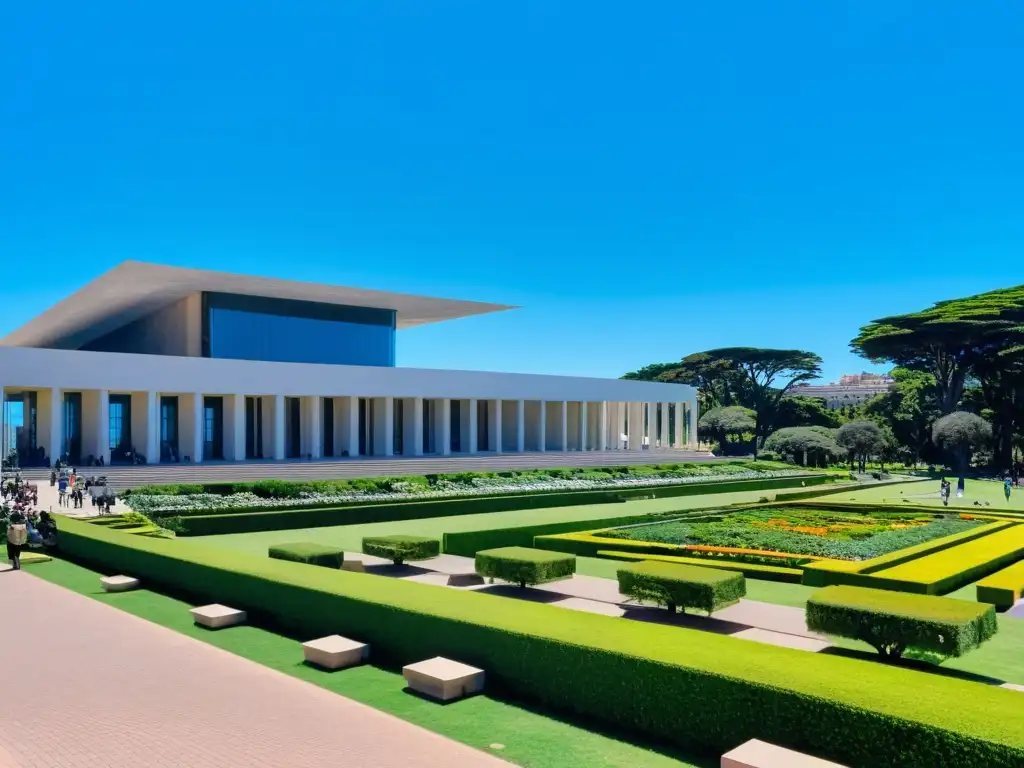 Arte contemporáneo uruguayo Museo MNAV, joya arquitectónica modernista, rodeada de vibrante naturaleza y visitantes disfrutando su ambiente sereno