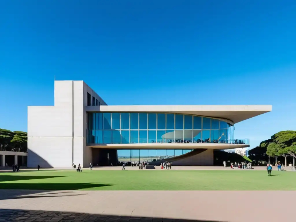 Arte contemporáneo uruguayo Museo MNAV brillando bajo un cielo azul, donde visitantes admiran esculturas y la arquitectura única