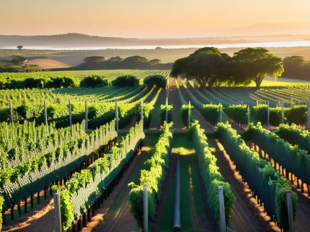 Arte y tradición en la ruta vinícola de Uruguay, viñedos dorados al atardecer y bodega rústica enmarcada por un cielo mágico