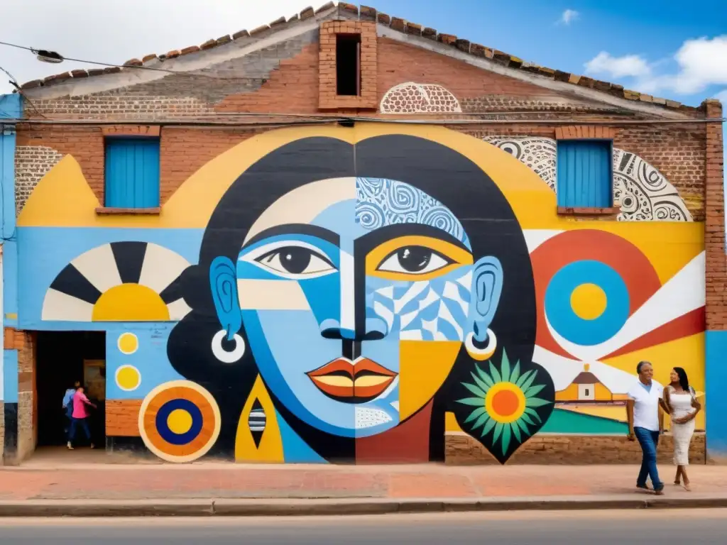 Arte urbano en Uruguay: impacto cultural en un mural multicolor que adorna un antiguo edificio, reflejando la diversidad y rica historia del país