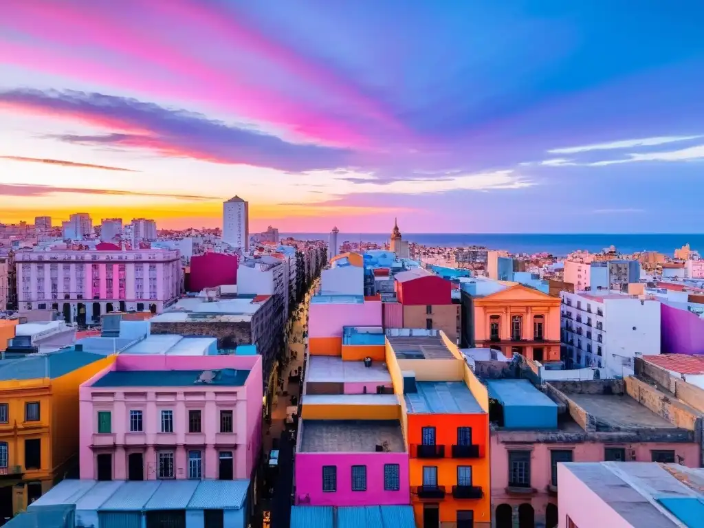 Arte urbano de impacto social en Uruguay, reflejando la fusión cultural en murales de la Ciudad Vieja de Montevideo al atardecer