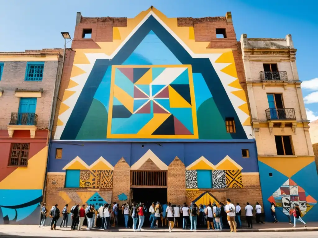 Arte urbano impacto social Uruguay: mural vibrante en una calle animada, aderezado con sabores autóctonos y juventud creando arte en vivo