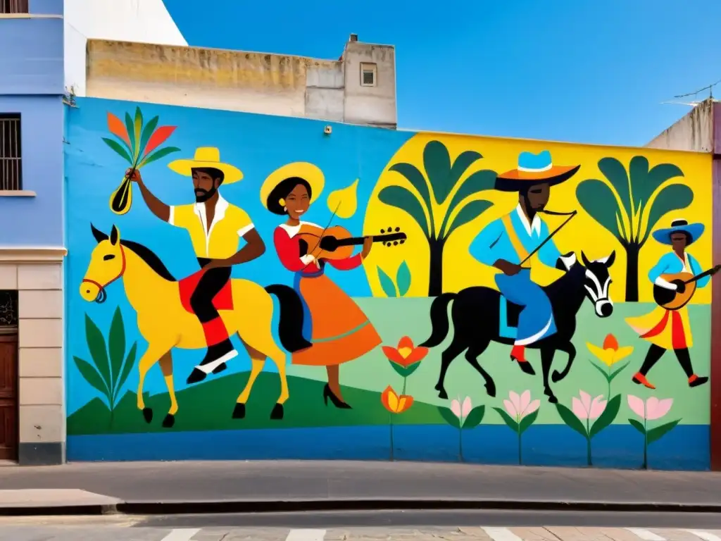 Arte urbano impacto social Uruguay: mural vibrante en Montevideo, mezcla de flora, fauna y sociedad uruguaya, atrayendo la mirada de transeúntes