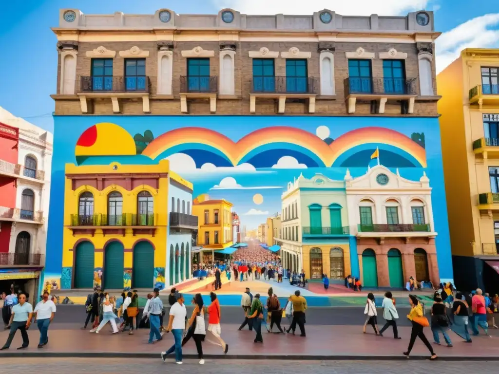 Arte urbano en Uruguay guía a locales y turistas, inmersos en un vibrante mural que refleja la rica cultura del país