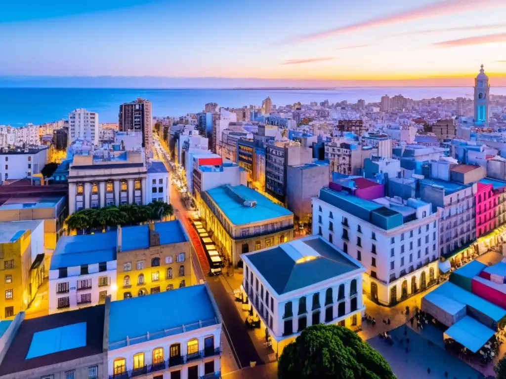 Arte urbano y galerías subterráneas en Uruguay: panorama mágico de Montevideo al atardecer, lleno de colores y cultura