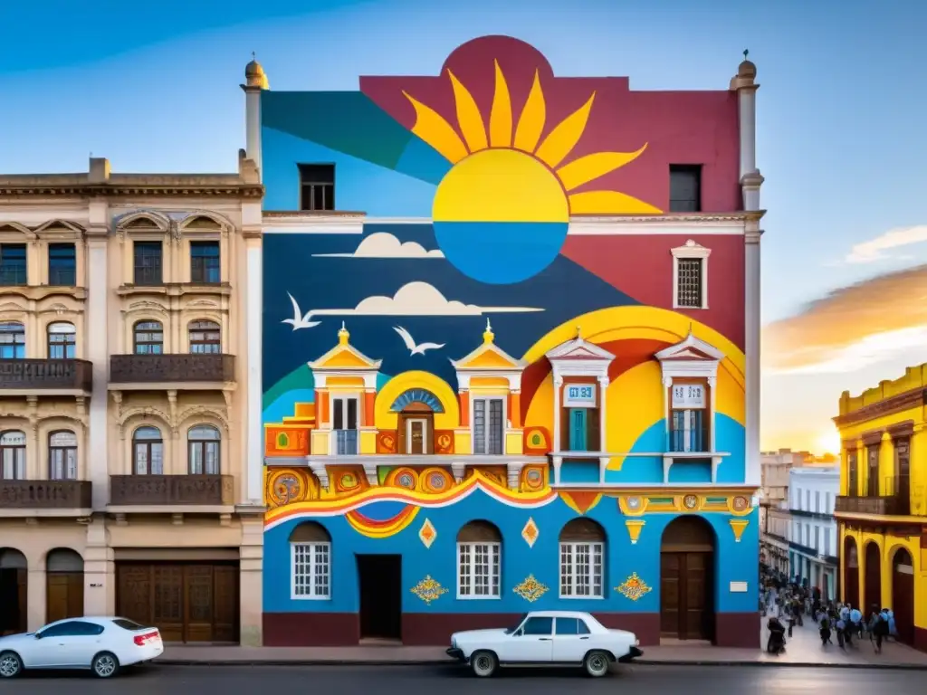 Arte urbano en Uruguay guía a transeúntes: mural colorido que ilustra la historia y cultura local en un edificio antiguo al atardecer