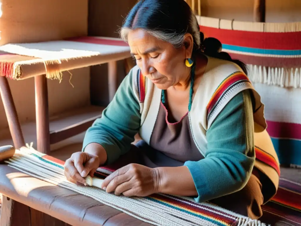 Artesana indígena uruguaya, sumergida en la creación de una alfombra tradicional, rodeada de colores y artesanía uruguaya de pueblos indígenas