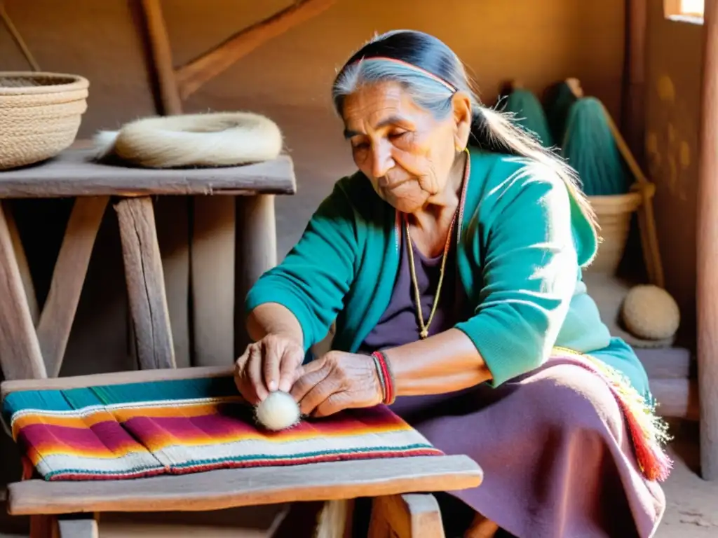 Artesana indígena uruguaya en su taller rústico, tejiendo una colorida historia de artesanía uruguaya de pueblos indígenas en su antiguo telar