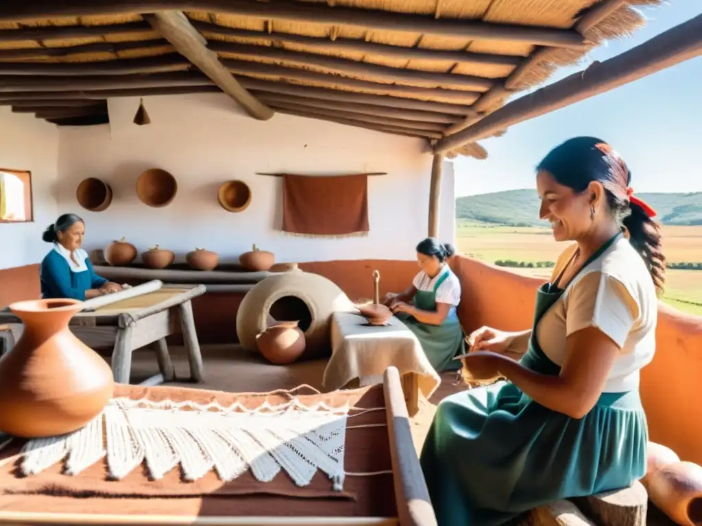 Artesanía rural de Uruguay: legado del pueblo, con artesanos tradicionales trabajando bajo el sol en casas de adobe, entre verdes campos infinitos