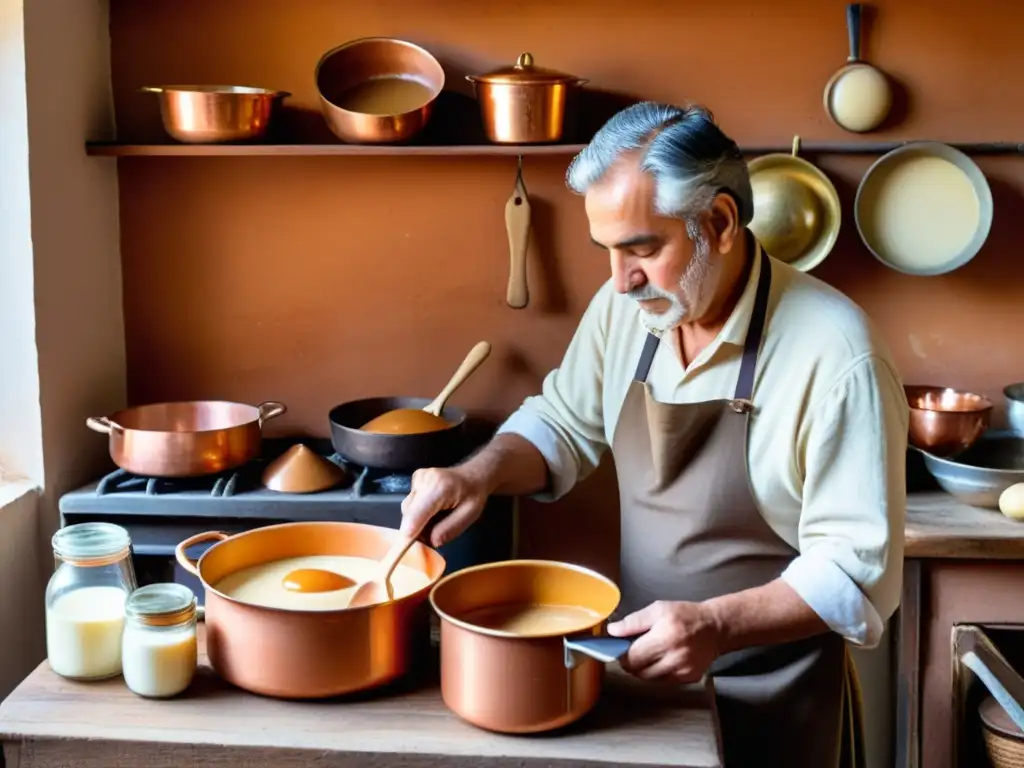 Artesano enfocado en la elaboración de dulce de leche uruguayo receta, rodeado por el cálido destello de ollas de cobre