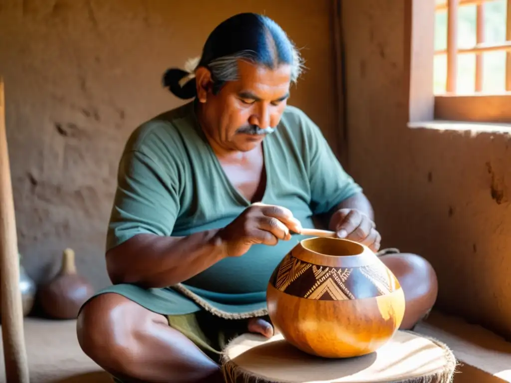 Artesano indígena uruguayo, enfocado en la creación de una mate tradicional, iluminado por el sol en su taller rústico lleno de artesanía uruguaya de pueblos indígenas