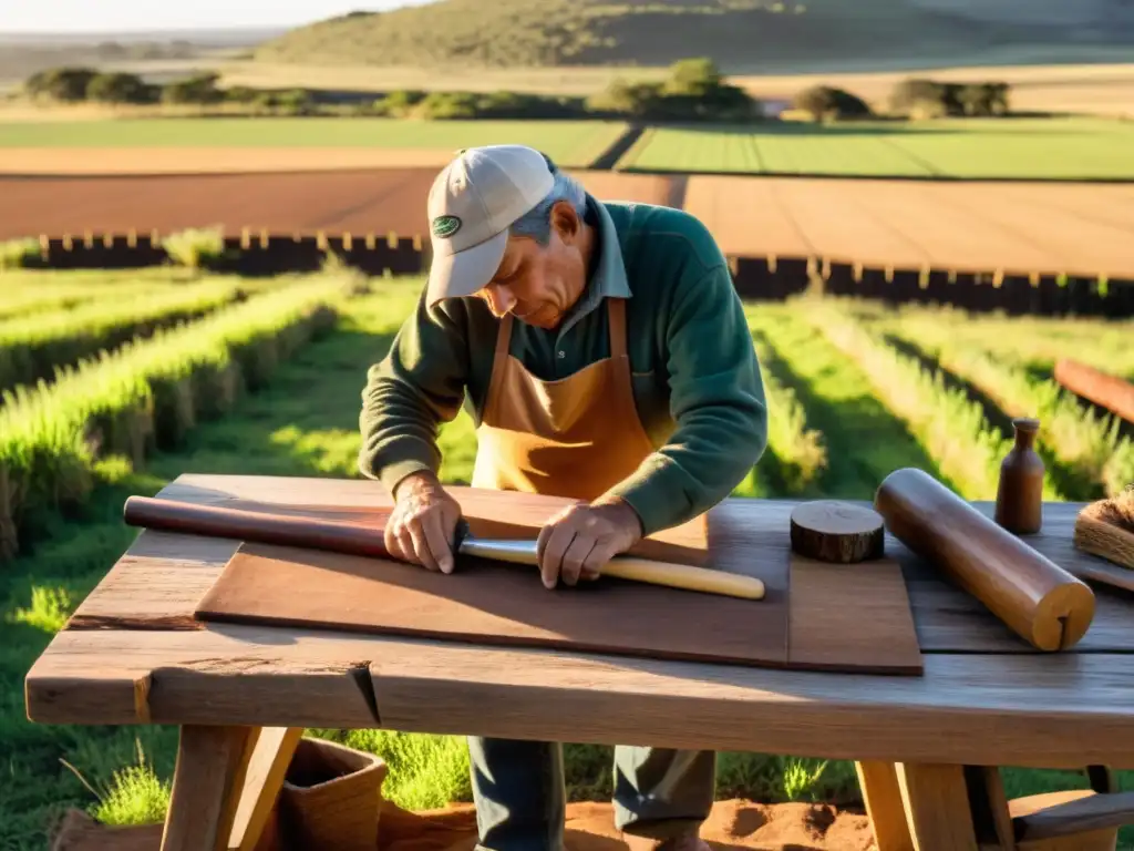 Artesano trabajando en su pieza de madera al amanecer, representando la artesanía rural de Uruguay, su legado y la vida tranquila del pueblo