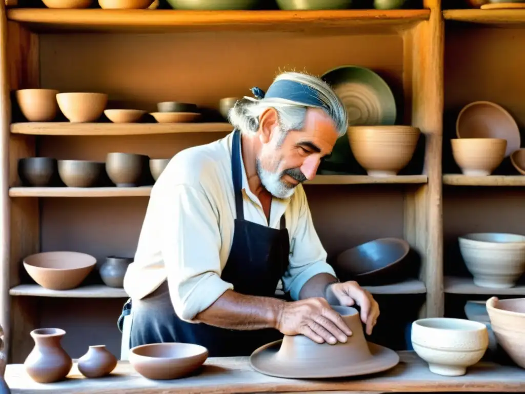 Artesano rural de Uruguay, en su taller bañado por el sol, moldea con manos curtidas un legado de pueblo en cerámica