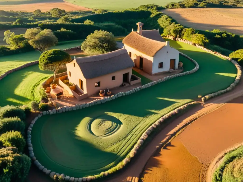 Artesano uruguayo moldeando barro en el amanecer dorado de la campiña, perpetuando la artesanía rural y el legado de su pueblo