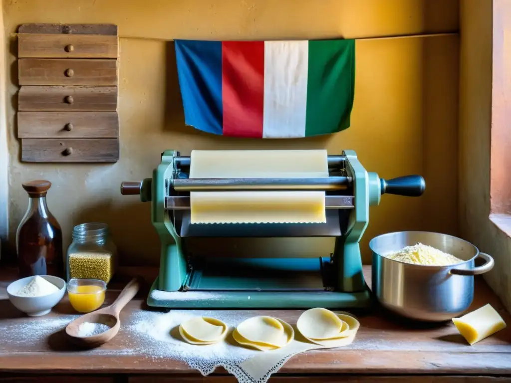 Artesano uruguayo en cocina rústica, honrando la tradición de pasta italiana en Uruguay, bajo un sol cálido y nostálgico