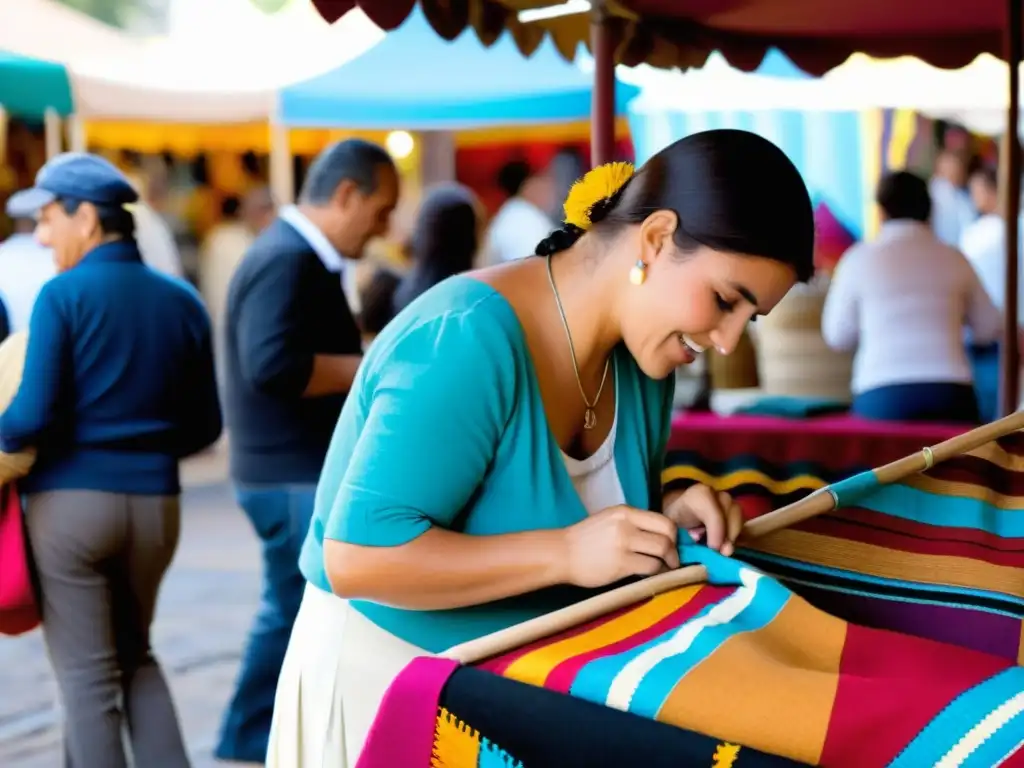 Artesanos en el corazón de Plaza Matriz, bajo un cielo azul, exponiendo sus creaciones en una de las ferias artesanía emblemáticas Uruguay