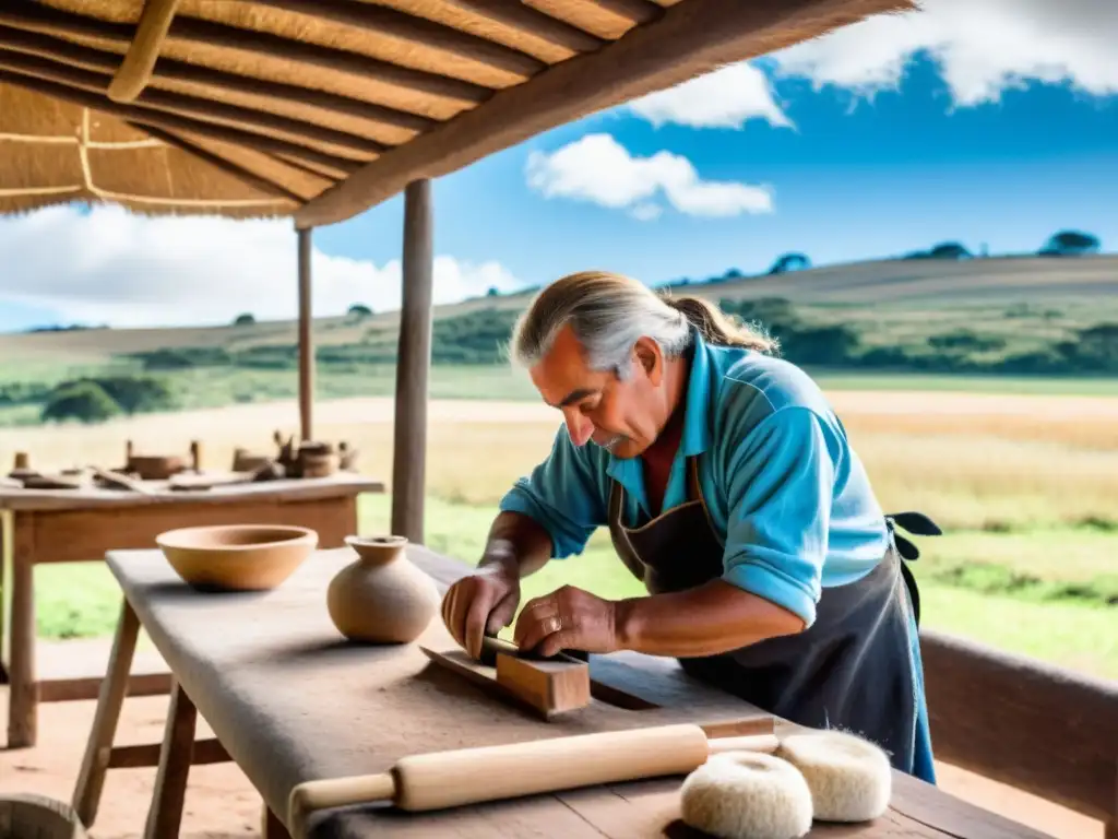 Artesanos en un taller rústico de artesanía rural en Uruguay, perpetuando el legado del pueblo entre risas infantiles y serena naturaleza