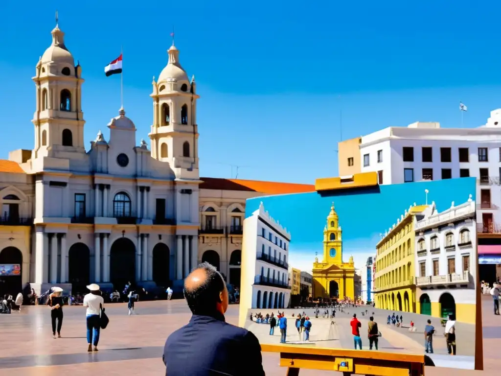 Artista en la cálida plaza de Montevideo, pintando el Palacio Salvo bajo influencias europeas y latinoamericanas en el arte uruguayo