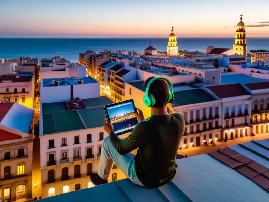 Artista joven creando música uruguaya en la era digital en un techo colonial de Montevideo, rodeado de vinilos legendarios y su bandoneón