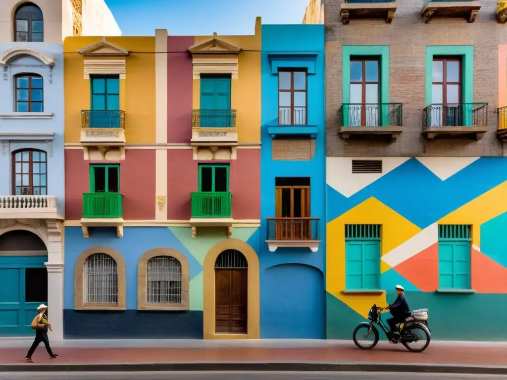 Artista local creando arte contemporáneo en Uruguay, pintando un mural colorido en Ciudad Vieja, Montevideo, bajo un cielo de atardecer