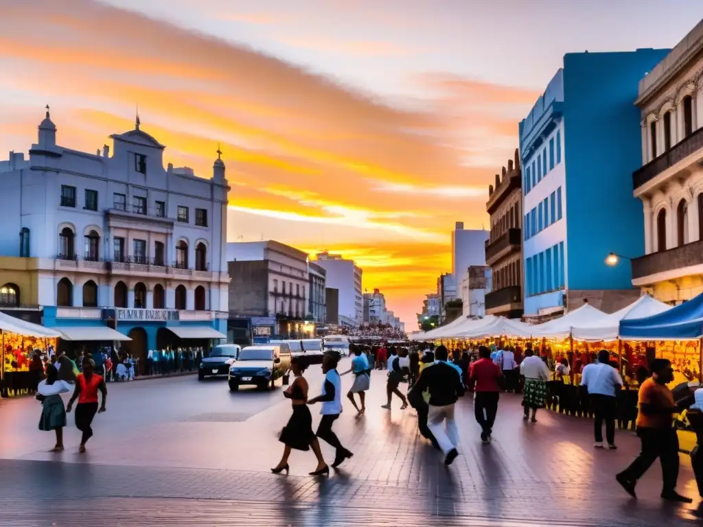 Artista local plasmando con pasión influencias europeas y latinoamericanas en el arte uruguayo, en un mural vibrante bajo un atardecer en Montevideo