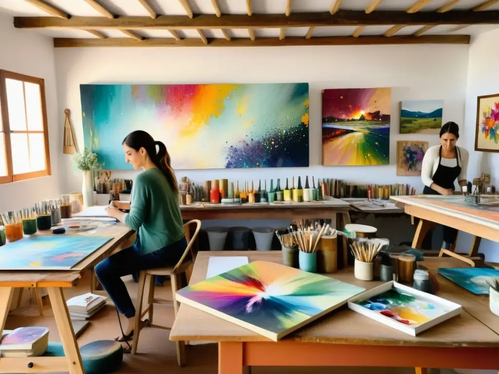 Artistas contemporáneos de Uruguay en un estudio vibrante, rodeados de pinturas y sumergidos en una atmósfera creativa