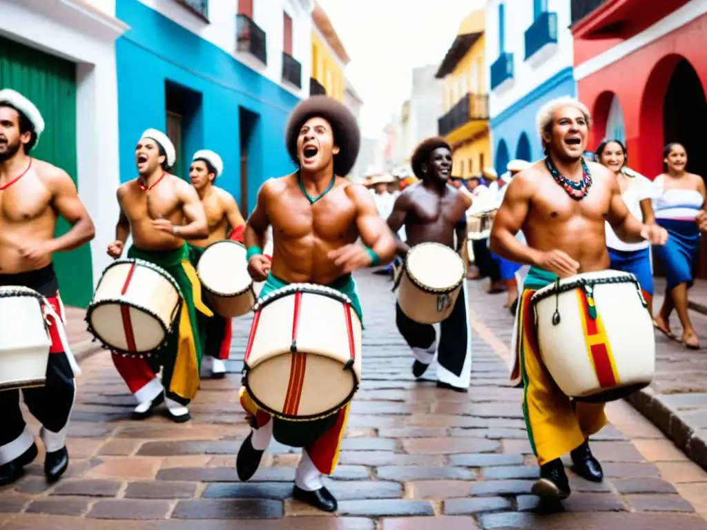 Artistas entregados en un movimiento cultural contemporáneo de Uruguay, bailando Candombe en trajes vibrantes al atardecer dorado