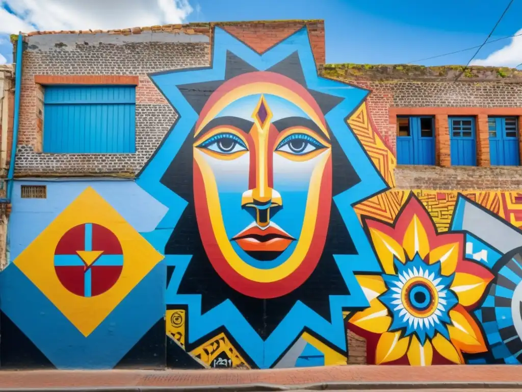 Artistas locales añadiendo toques finales a un mural colorido y vibrante en una callejuela adoquinada de Uruguay, mientras un grupo de turistas captura el momento