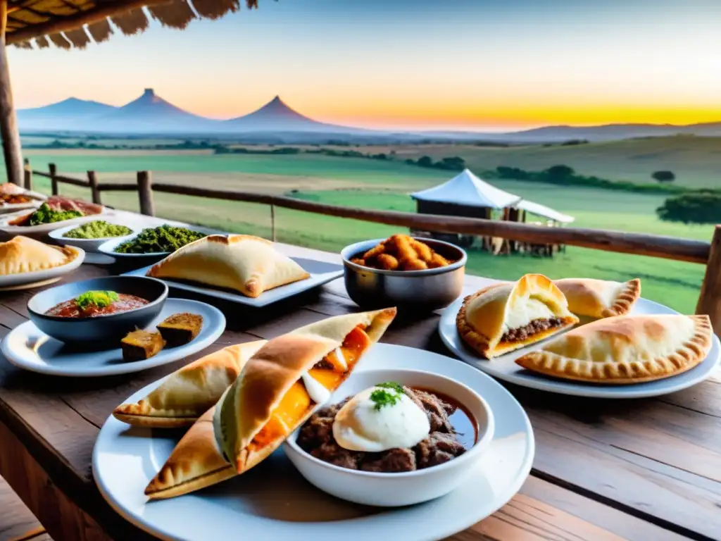 Asado jugoso en estancia uruguaya, destacando la gastronomía rural Uruguay entre empanadas, chivitos y gauchos risueños