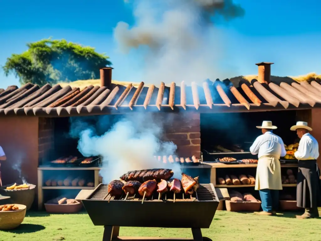 Asado uruguayo en estancia rústica, reflejando la influencia inmigrantes gastronomía uruguaya con pasta italiana, olivas españolas y más