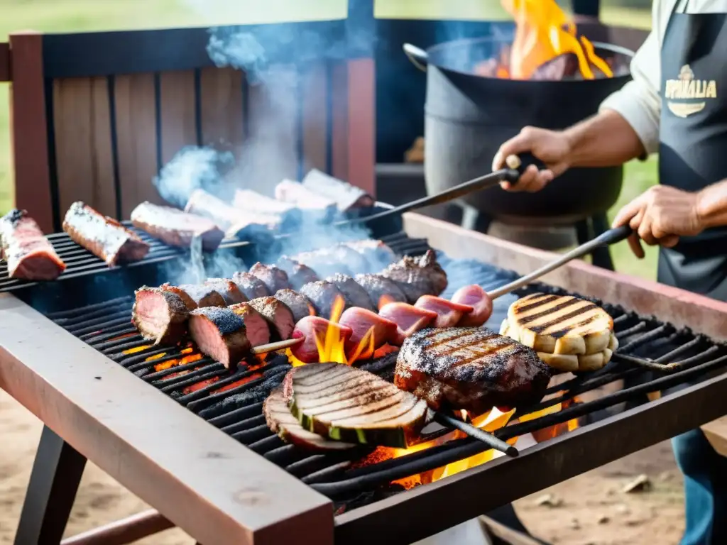 Un asador experto prepara una variedad de carnes en un auténtico asado uruguayo al aire libre, reflejando la cultura culinaria uruguaya tradicional