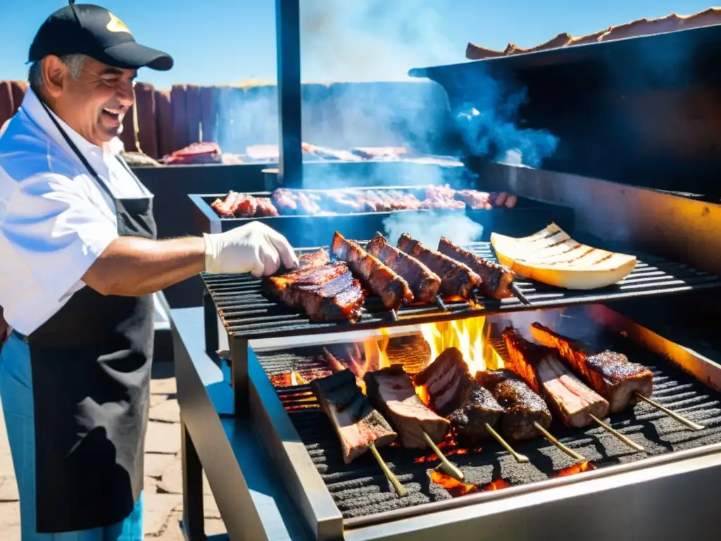 Un asador dominando la parrilla en un tradicional asado uruguayo, bajo un cielo azul en un campo verde, rodeado de familias animadas