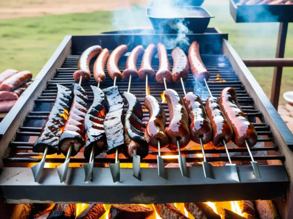 Asador con rostro curtido maneja con destreza una parrillada uruguaya tradicional en una parrilla rústica, bajo un cálido atardecer campestre