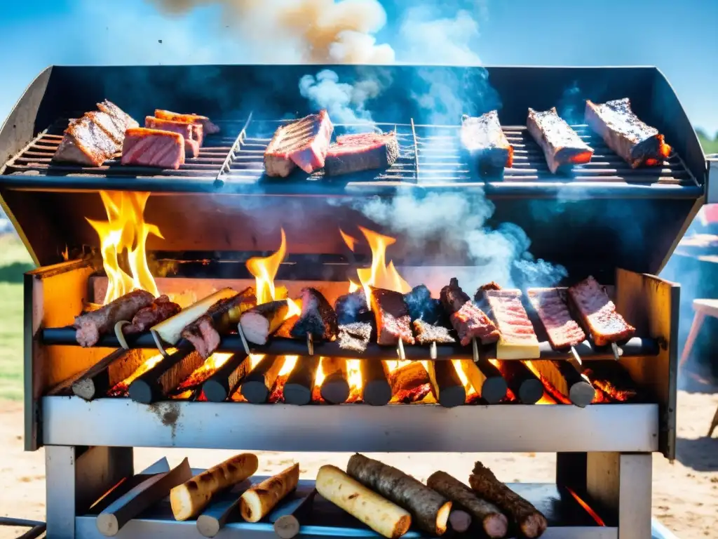 Un asador en traje de gaucho prepara parrilladas tradicionales en Uruguay, bajo un cielo azul, rodeado de un encantador paisaje campestre