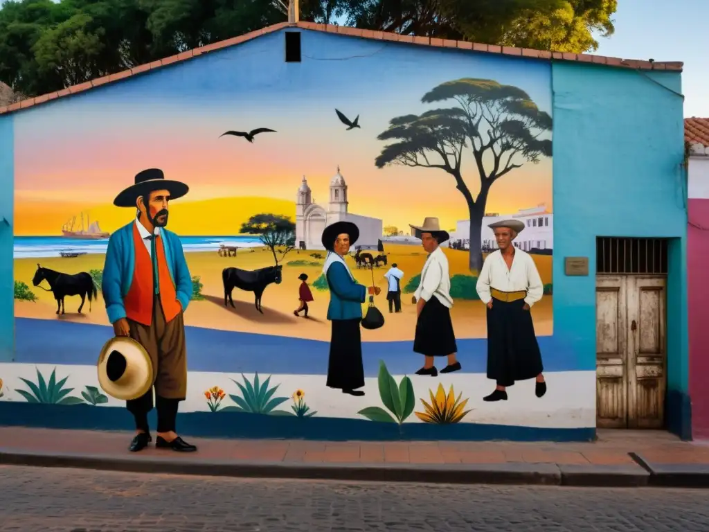 Atardecer en Montevideo, con ancianos riendo en un rito de mate junto al mural de gauchos, en una calle de adoquines