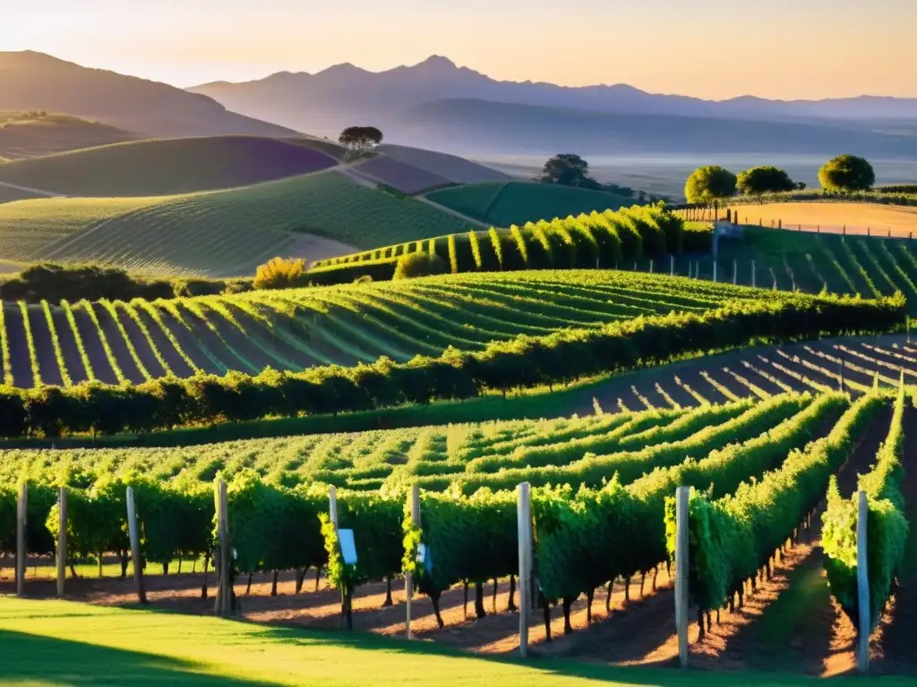 El atardecer baña con luz dorada un extenso viñedo uruguayo, 'Rutas del vino en Uruguay', lleno de uvas maduras