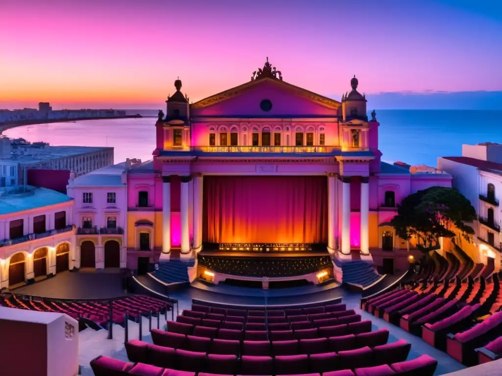 Teatro Solís de Montevideo, Uruguay, al atardecer, bañado en tonos rosados y anaranjados