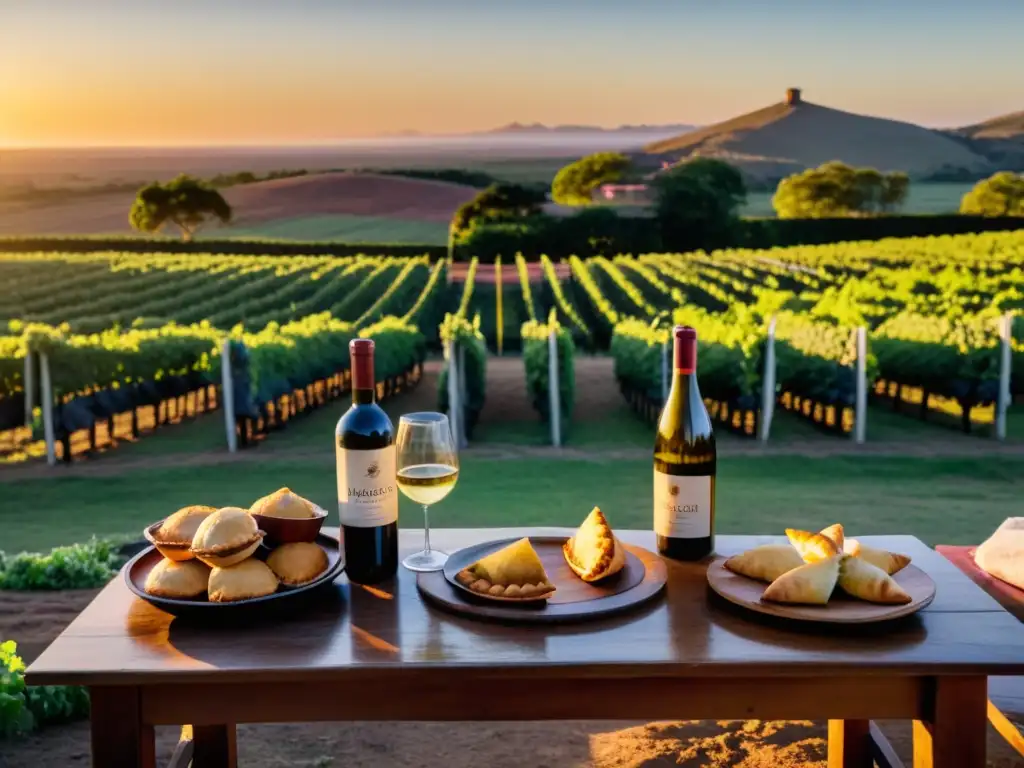 Atardecer cálido en viñedo uruguayo con mesa rústica llena de platos tradicionales y vinos locales, un maridaje de platos uruguayos y vinos perfecto, reflejando la rica cultura gastronómica